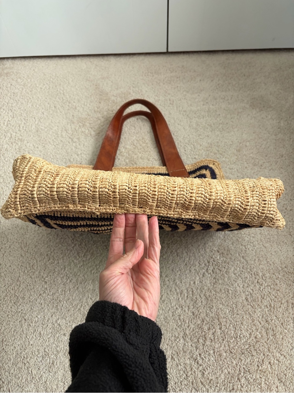 Mar Y Sol Panama Tote Black Tan Raffia Palm Leather Handle Beach Bag - Picture 13 of 15